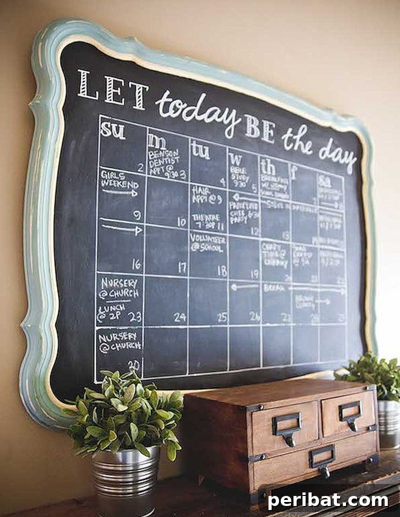 Chalkboard calendar on storage box and two potted plants