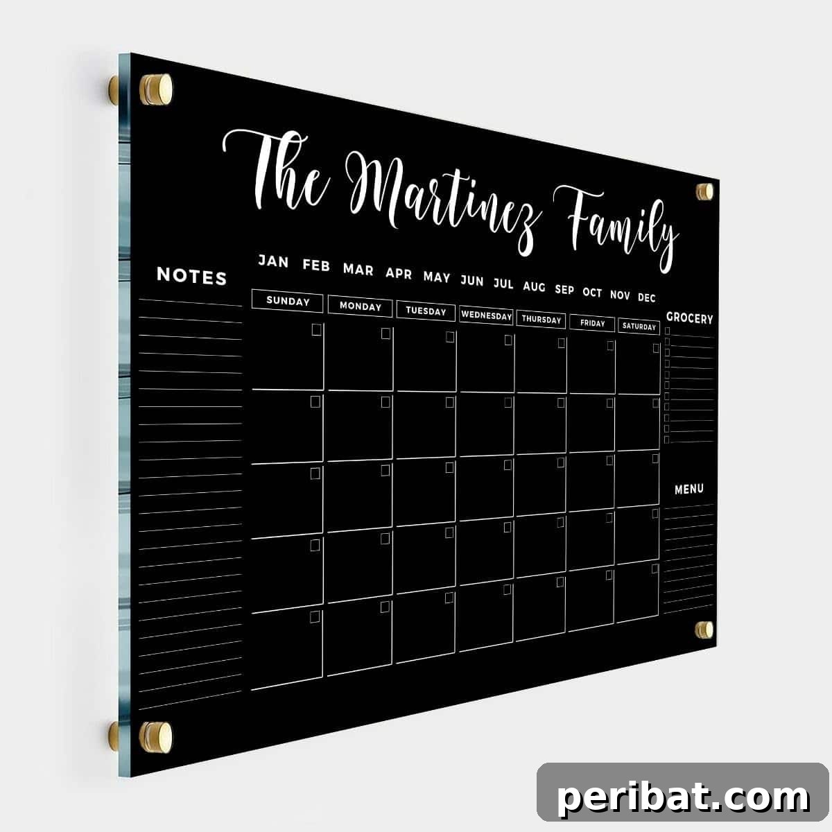 Black family name clear acrylic calendar