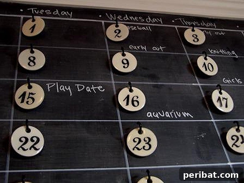 Chalkboard command center and family calendar with French enamel tags