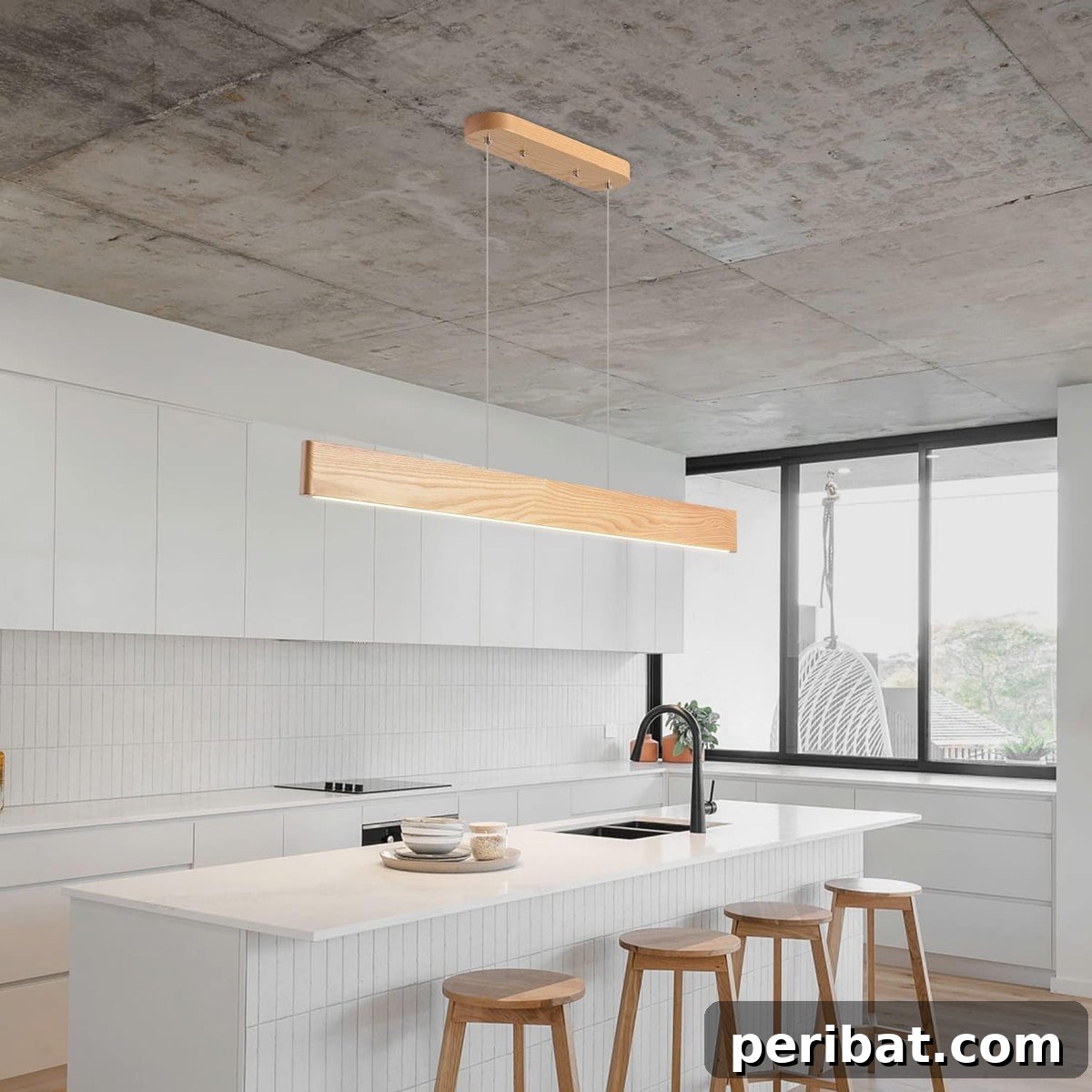 elegant wood linear pendant light in the kitchen