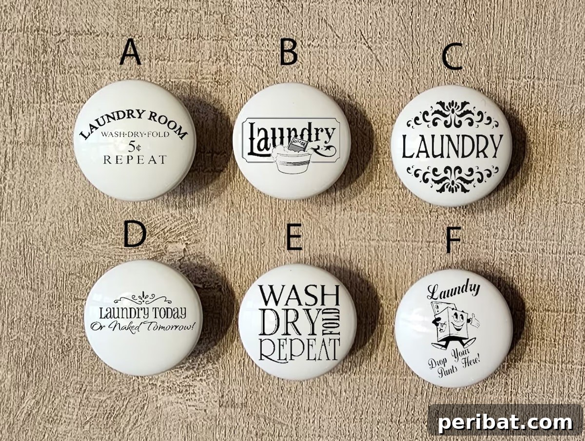 Six custom ceramic laundry door knobs with labels like 'WASH' and 'DRY'.