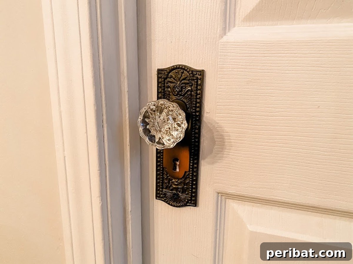 Intricately designed historic brass door knob with a classic rosette.