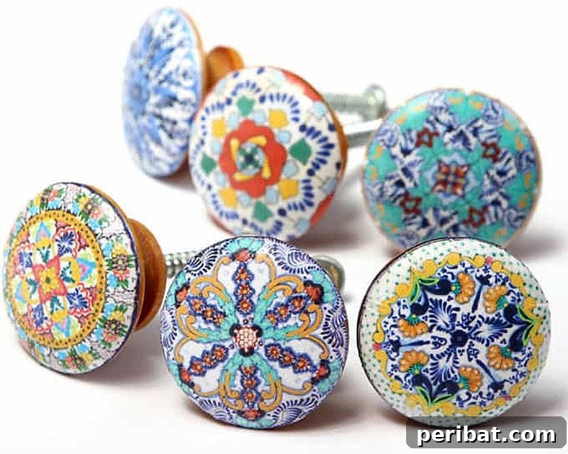 Behind a patterned door with five designer-style drawer pulls arranged creatively.