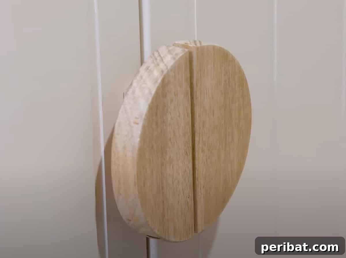 Simple, round door handles made of light-colored wood.