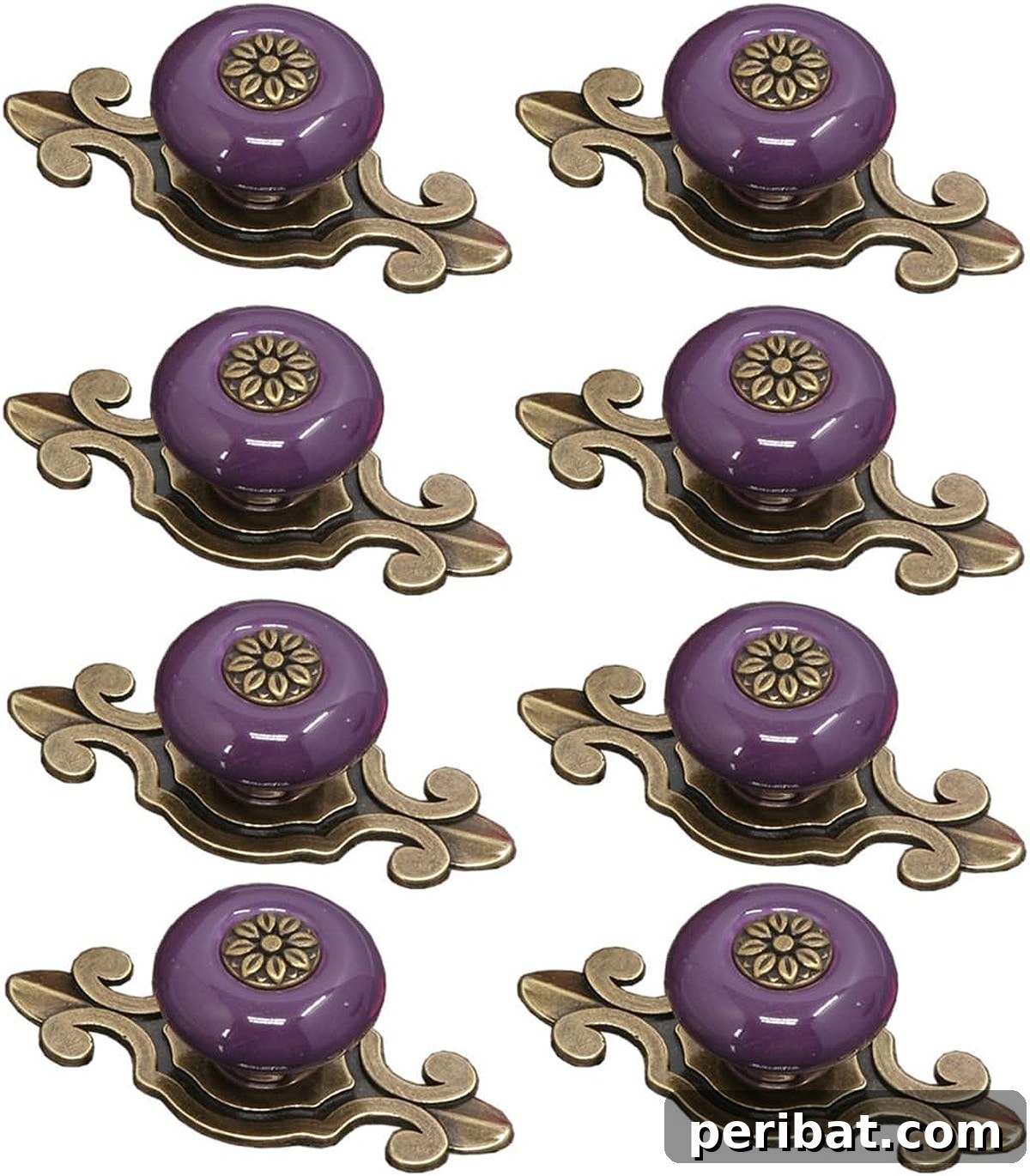 Eight vintage ceramic drawer cabinet knobs and pulls in various patterns and colors.