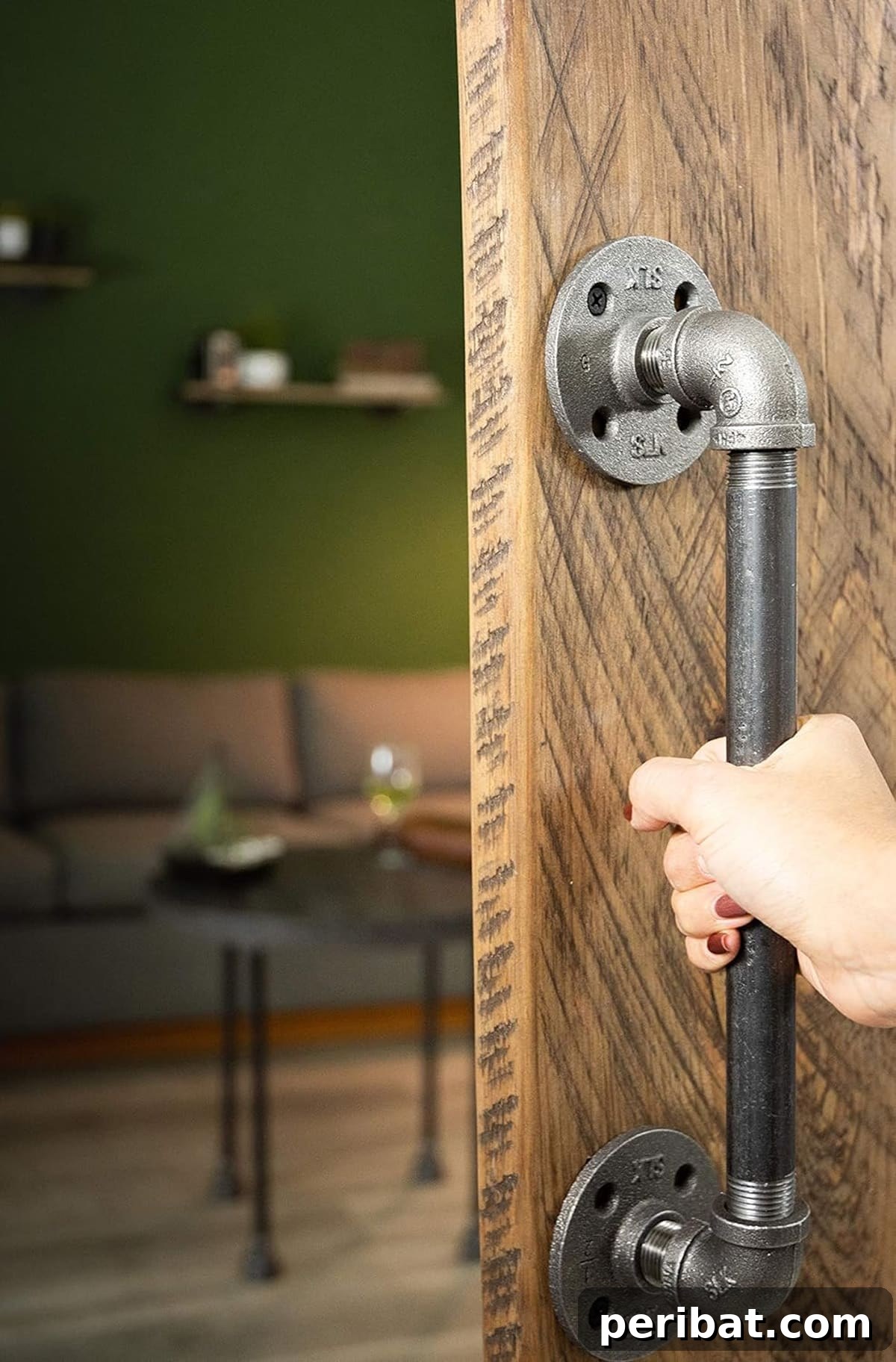 Rustic industrial pipe decor barn door handle made from galvanized pipes.