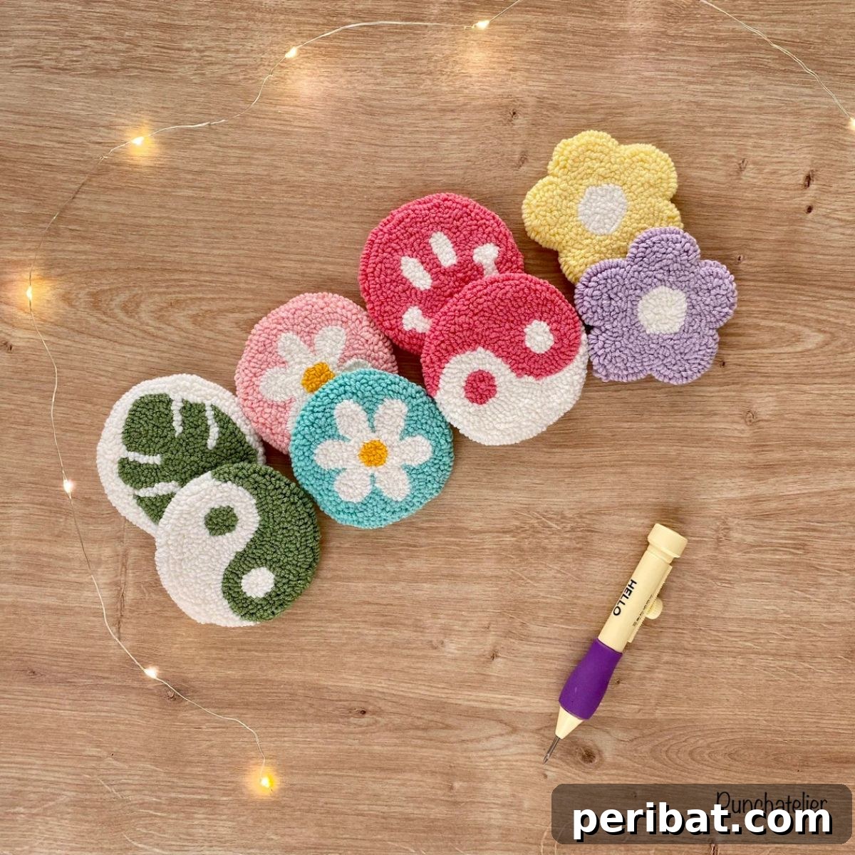 A complete DIY punch needle car coaster kit, perfect for small, quick craft projects.
