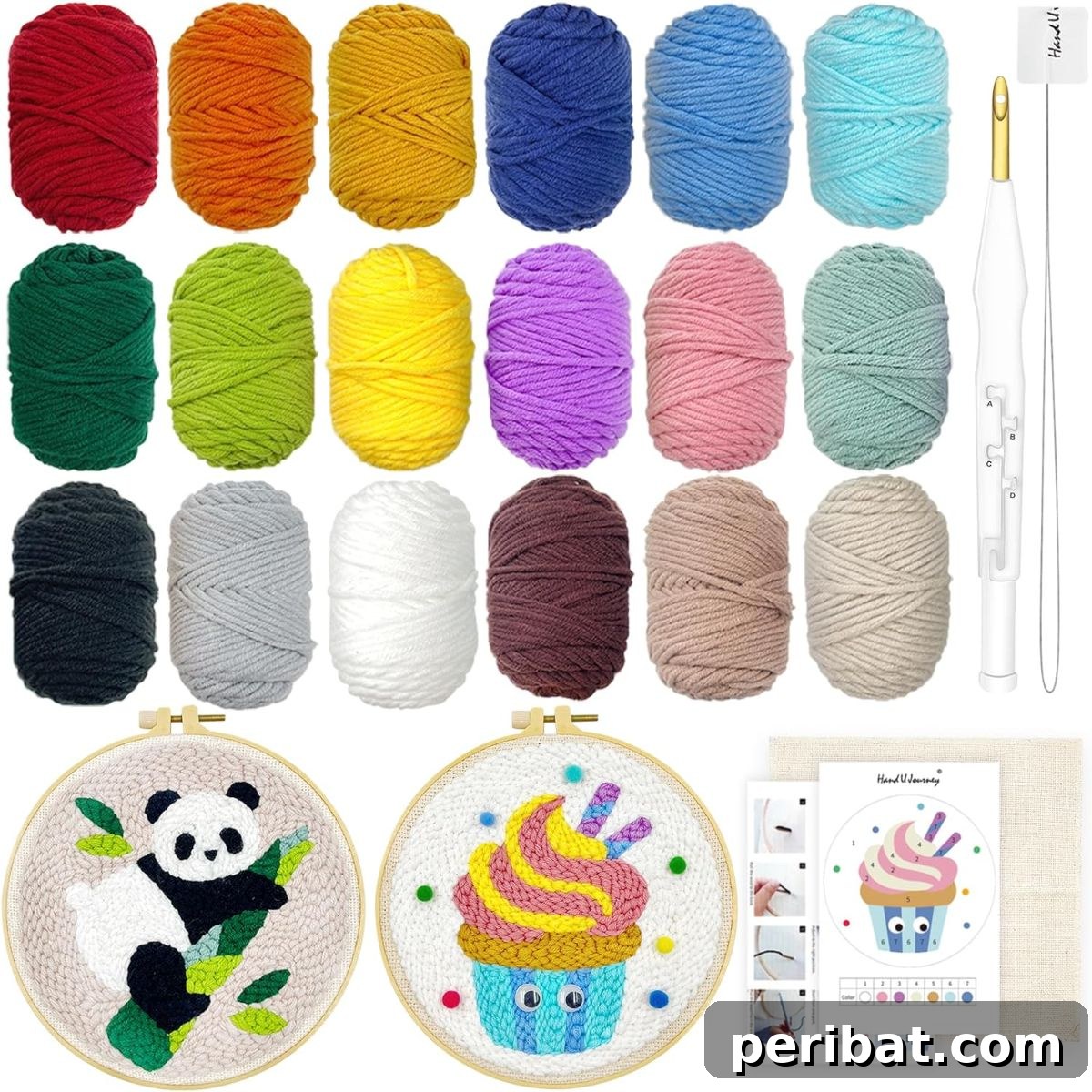 Wool Queen punch needle beginner DIY kit with no-slip hoops and unique patterns.