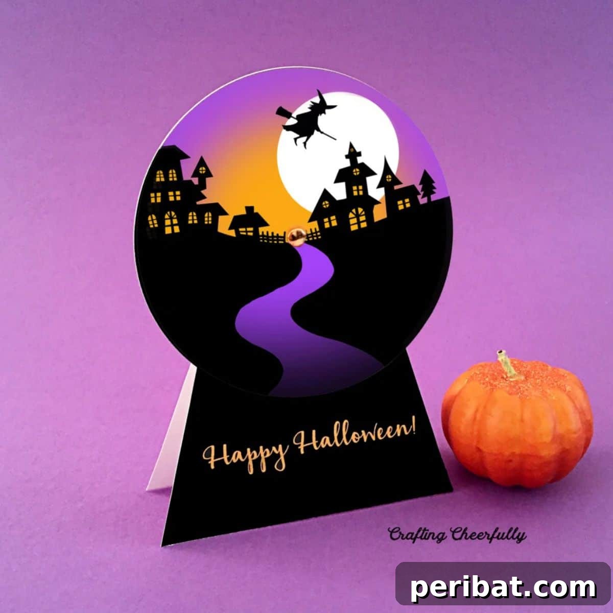 Intricately designed DIY Halloween Snow Globe Card featuring a witch icon inside a clear dome