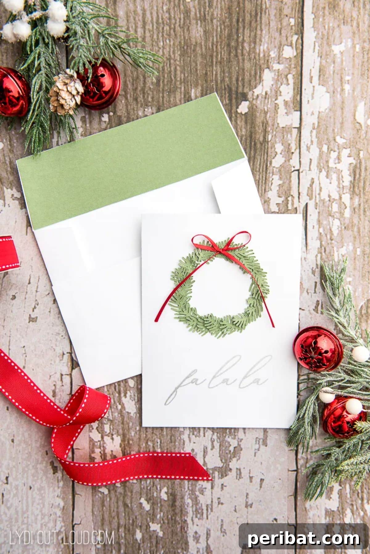 Elegant Paper Wreath DIY Christmas Card crafted with a Cricut, featuring a delicate 3D paper wreath design