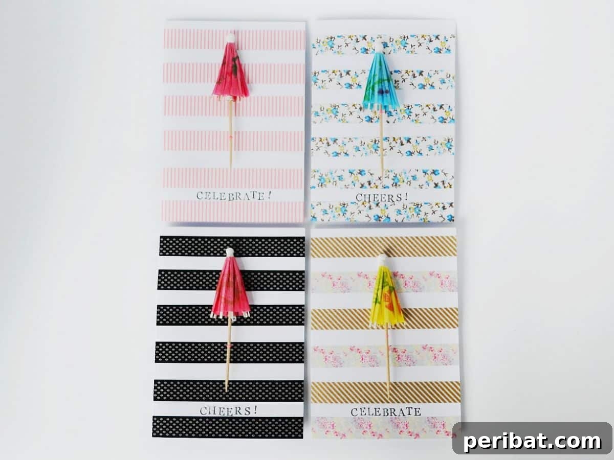 Creative DIY Greeting Card decorated with miniature cocktail umbrellas and colorful washi tape, evoking a tropical theme