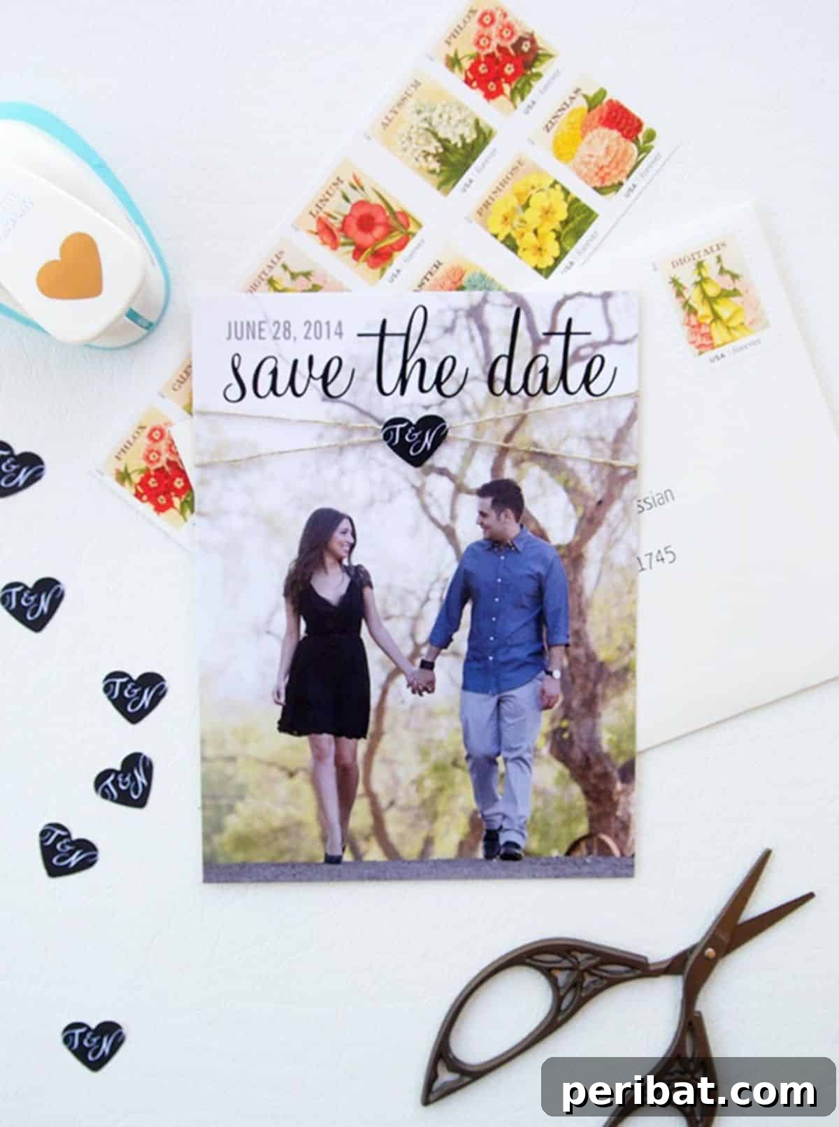 Charming DIY Save the Date Card, personalized with a couple's photo and custom design