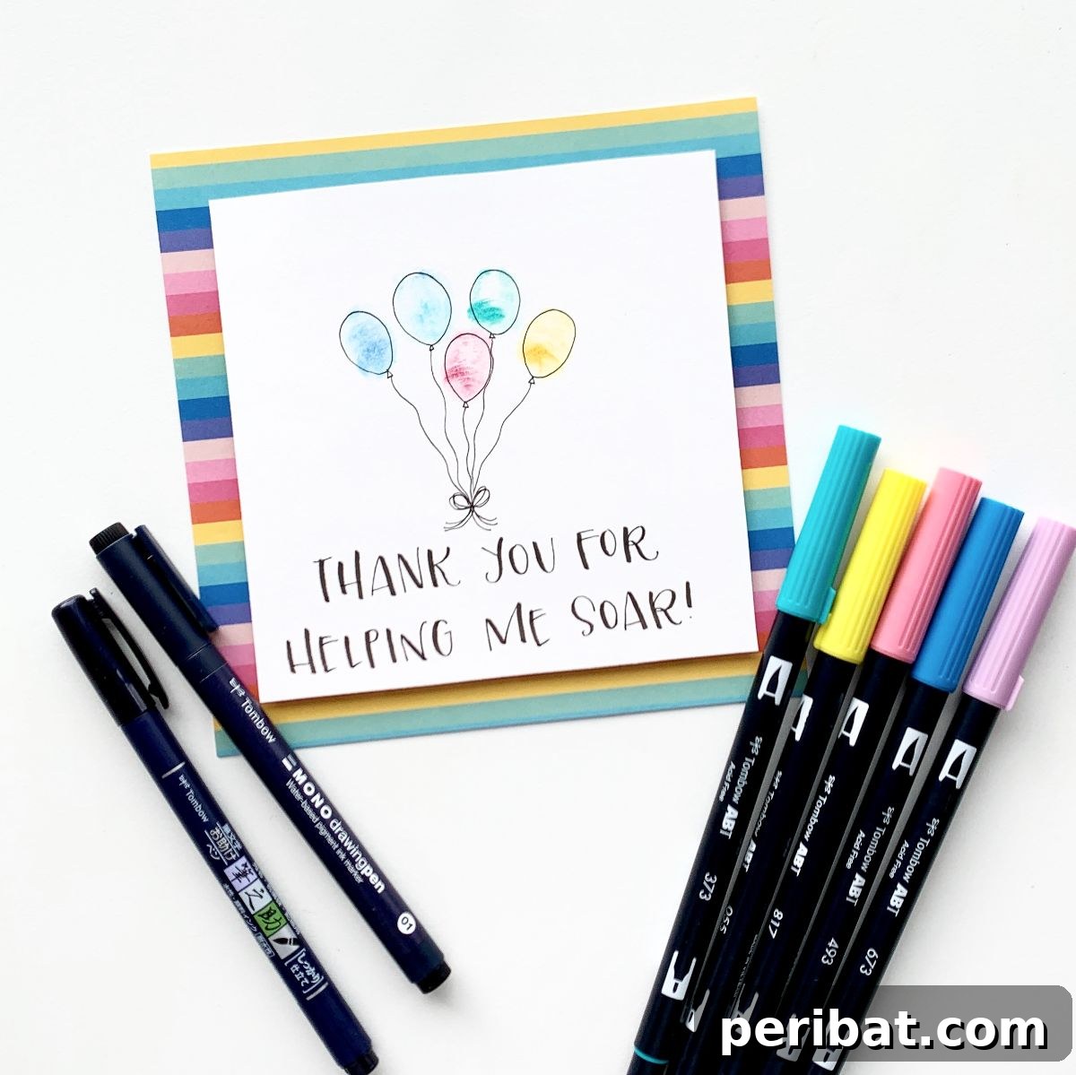 Creative DIY Thumbprint Balloon Card, crafted by kids for teacher appreciation, featuring colorful thumbprint balloons