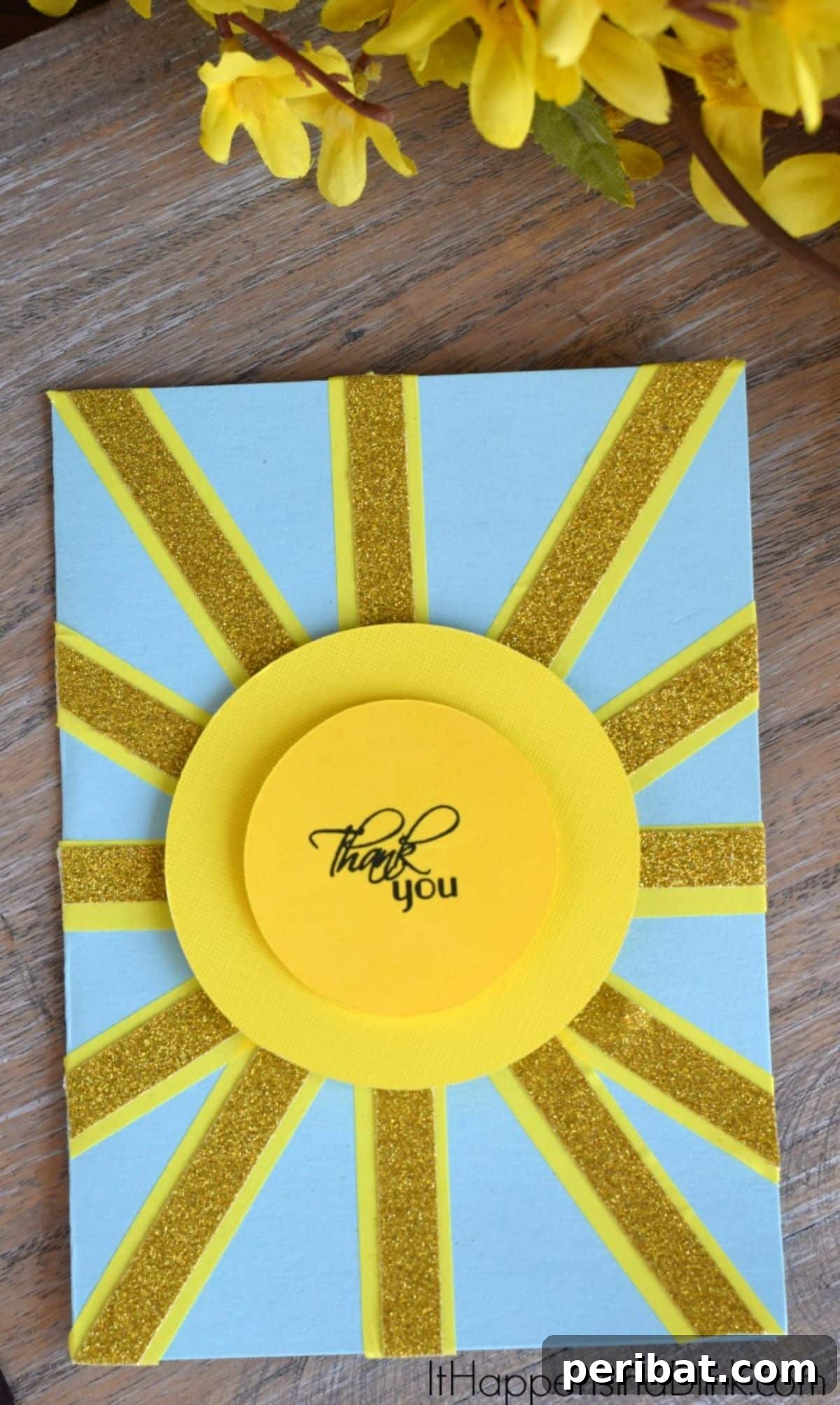 Cheerful and simple Sunshine DIY Thank You Card made from brightly colored paper cut into basic shapes