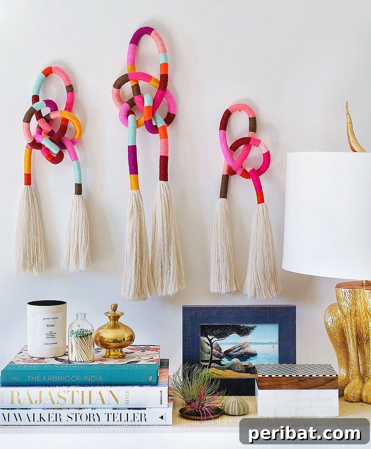 wrapped and knotted wall hanging and tableware