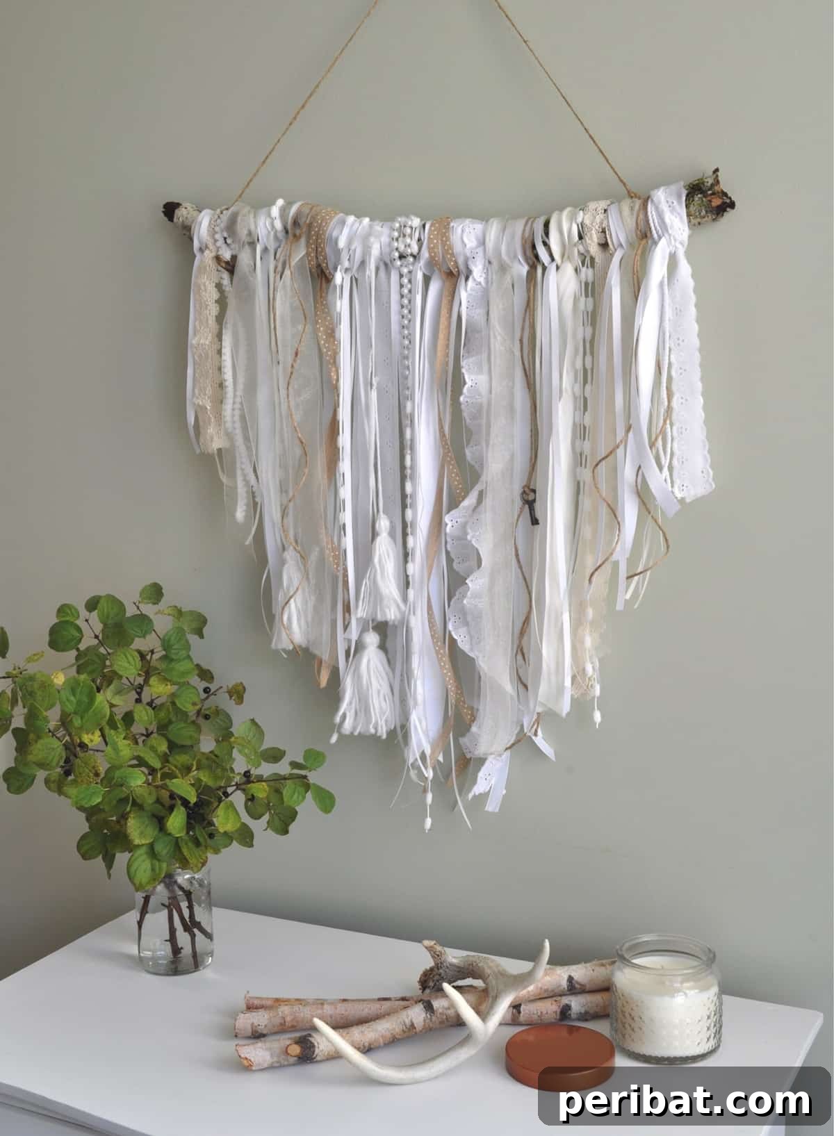 ribbon wall hanging and flower vases and furniture