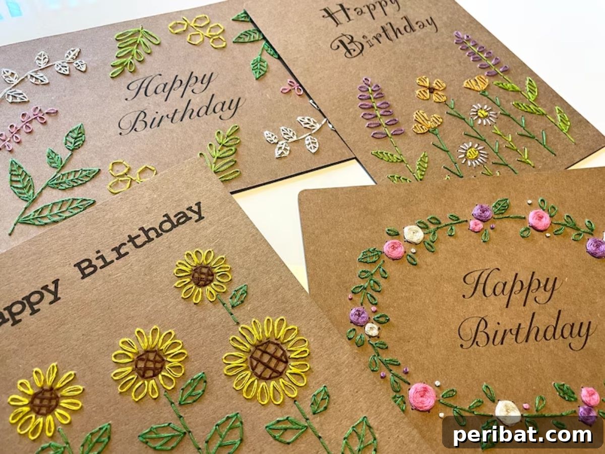Craft 35 Stunning DIY Birthday Cards 33 DIY Paper Embroidery Birthday Cards - Flowers and Leaves