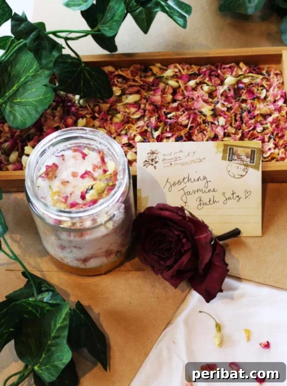 Homemade jasmine bath salts, DIY relaxation gifts, pampering present for girlfriend