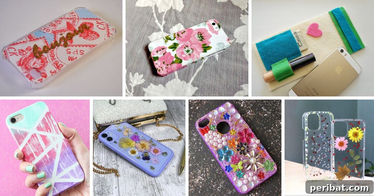 Your Phone Your Canvas 45 DIY Case Crafts 2 Diverse collection of custom DIY phone cases showcasing various artistic styles and materials, from floral to abstract.