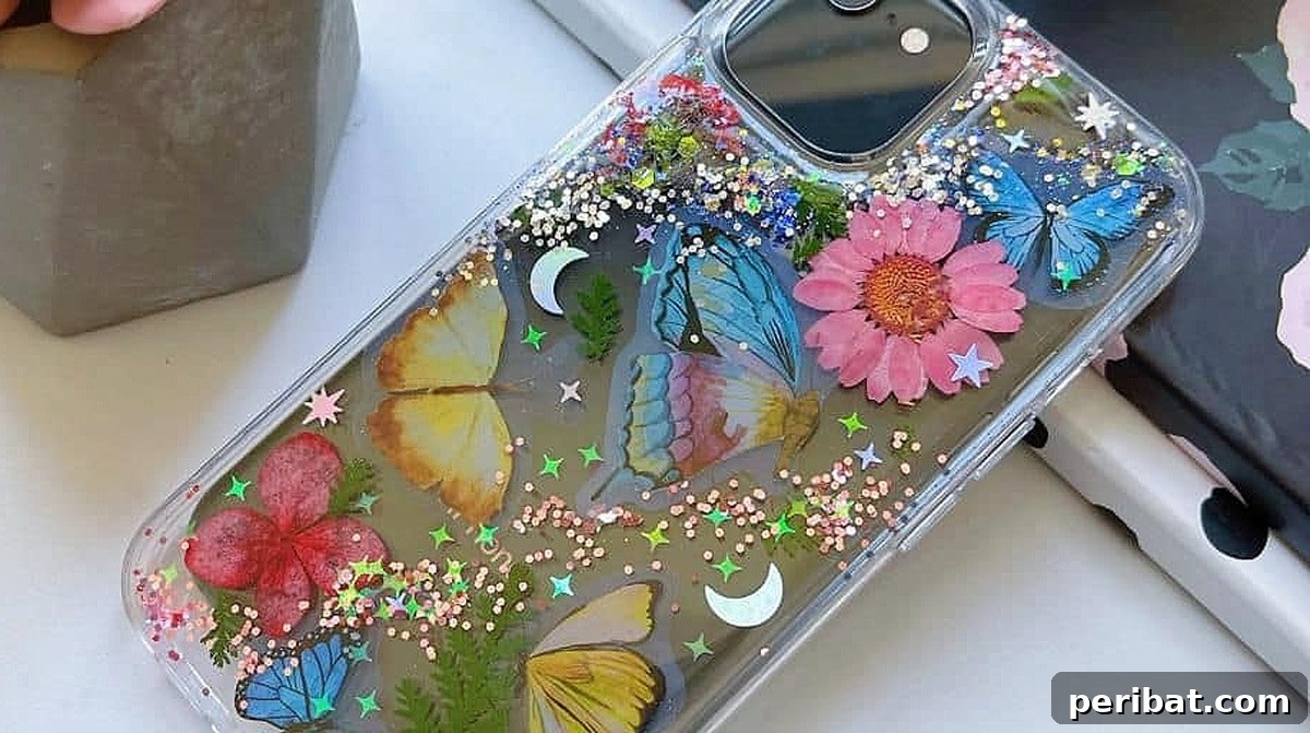 Your Phone Your Canvas 45 DIY Case Crafts 16 An ornate resin phone case featuring embedded flowers and delicate butterfly motifs, creating a vibrant, encapsulated artistic design.
