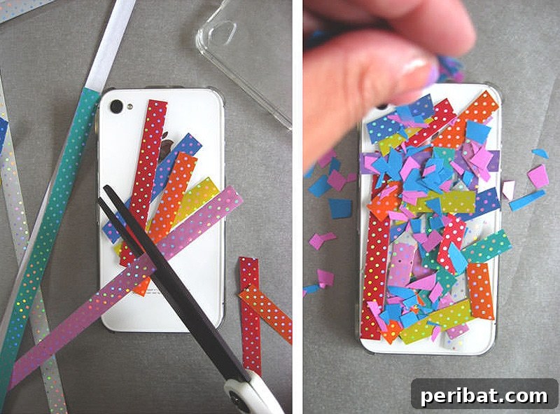 Your Phone Your Canvas 45 DIY Case Crafts 17 A creatively customized phone case, adorned with colorful washi tapes, glitter, and delicate accents, arranged artfully on a clear base.