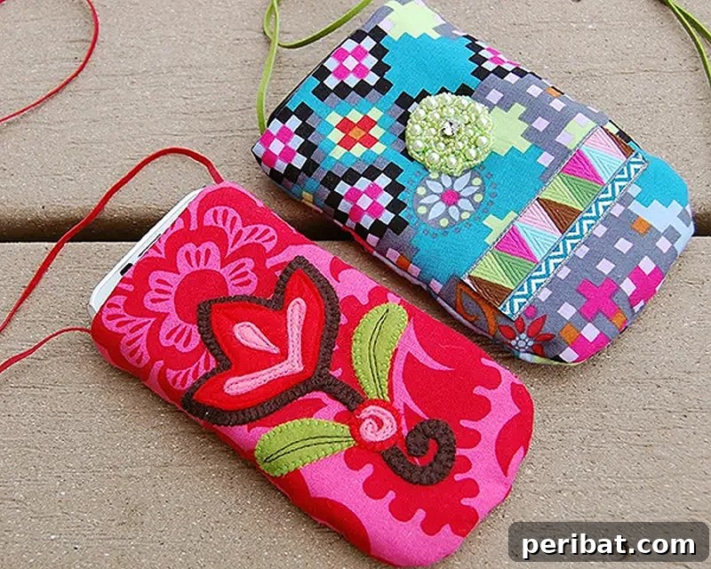 Your Phone Your Canvas 45 DIY Case Crafts 21 A practical and stylish cell phone case made of fabric, designed to be worn as a necklace for easy access and security.