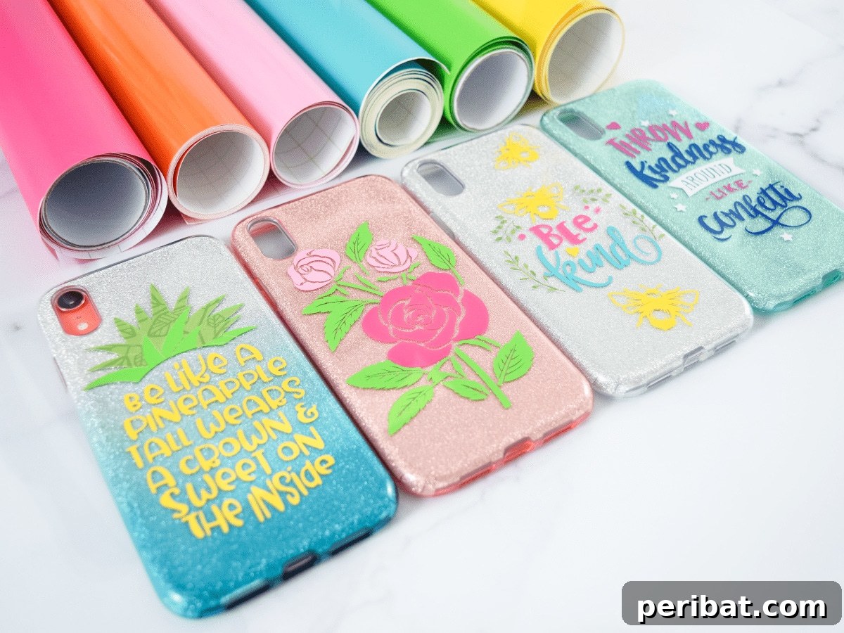 Your Phone Your Canvas 45 DIY Case Crafts 4 Four distinct phone cases, each expertly customized using a Cricut machine, featuring intricate designs and personalized touches.