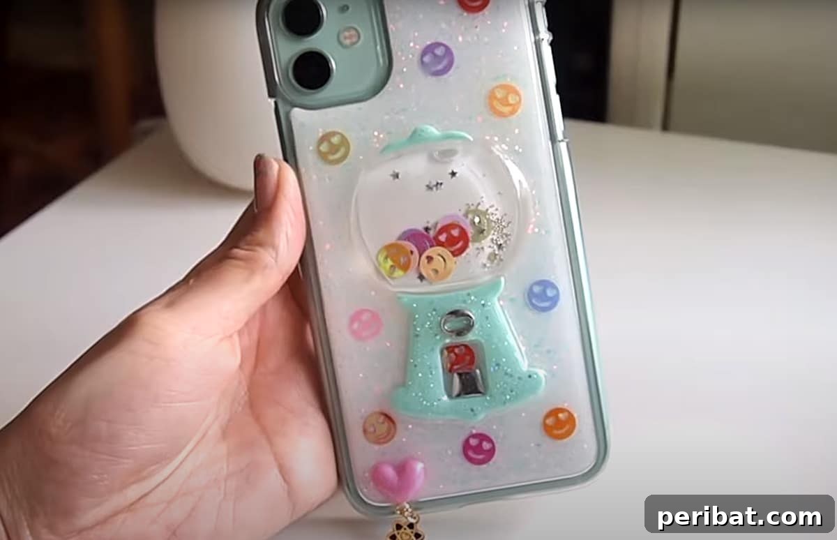 Your Phone Your Canvas 45 DIY Case Crafts 31 A playful liquid shaker phone case, filled with colorful mini 'gumballs' that move freely within a clear, sealed compartment, offering interactive fun.
