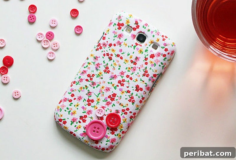 Your Phone Your Canvas 45 DIY Case Crafts 33 A personalized phone case featuring a stylish patterned background adorned with cute, decorative buttons and small embellishments.