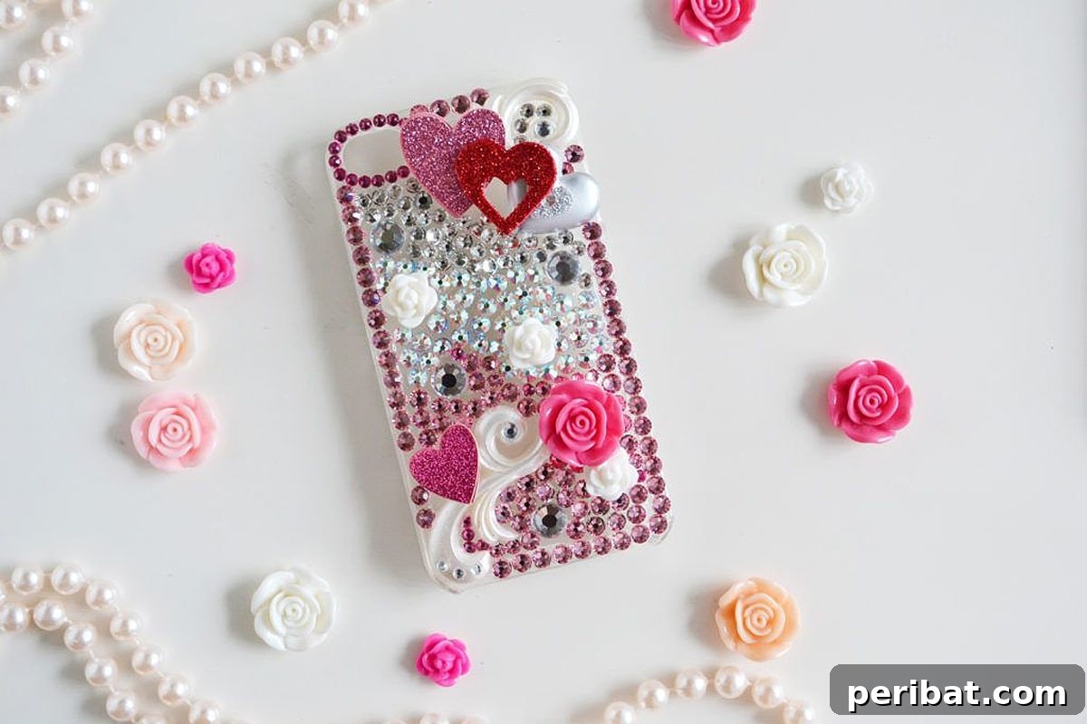Your Phone Your Canvas 45 DIY Case Crafts 36 A dazzling rhinestone phone case, intricately embellished with shimmering rhinestones and delicate plastic flowers, creating a glamorous, Y2K-inspired aesthetic.