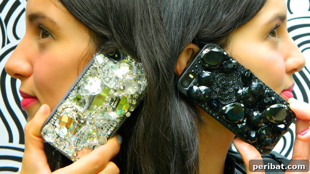 Your Phone Your Canvas 45 DIY Case Crafts 39 A dazzling jeweled phone case that glints and sparkles, intricately adorned with an array of rhinestones, fake gems, and iridescent glitter.