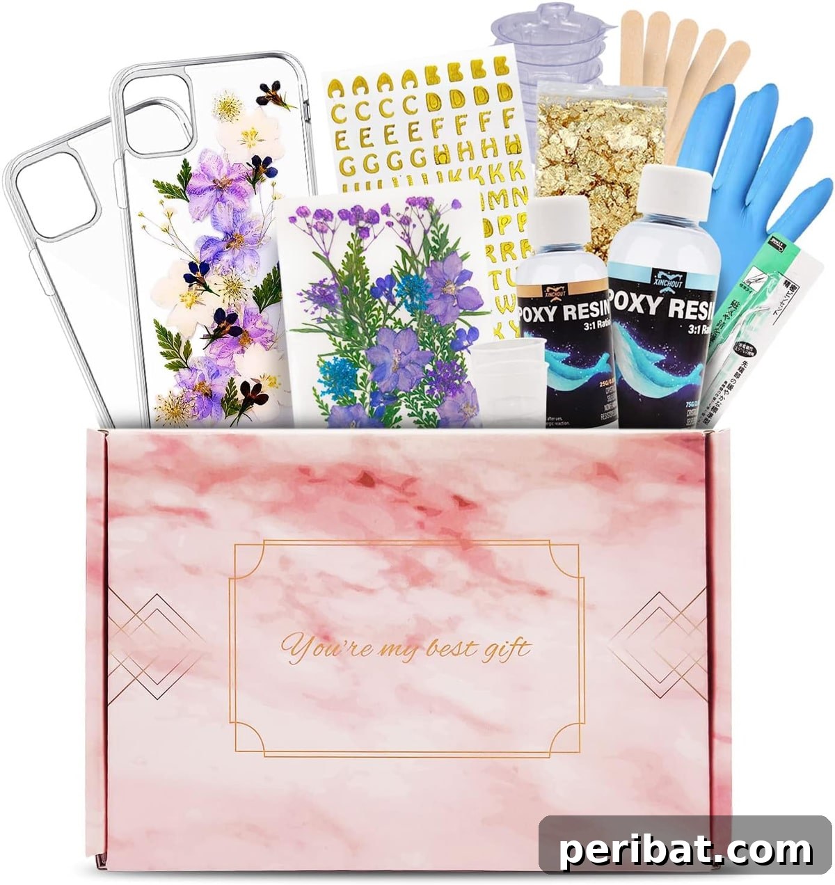 Your Phone Your Canvas 45 DIY Case Crafts 42 A comprehensive resin phone case DIY kit, laid out with all components: clear phone cases that resist yellowing, a variety of decor, glitter, and gems.
