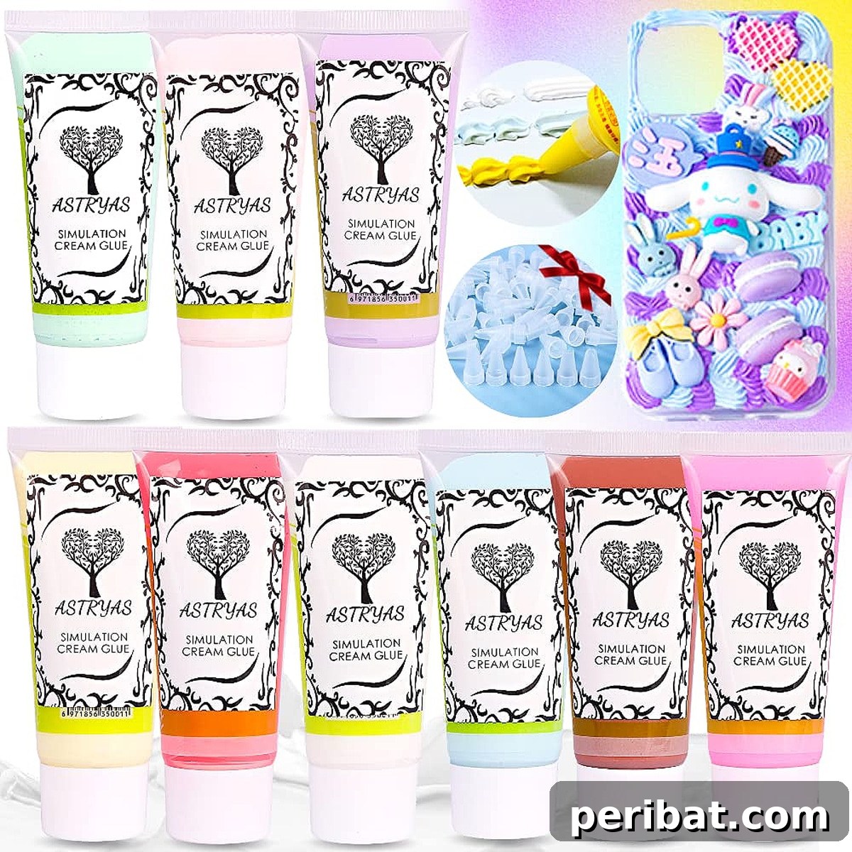 Your Phone Your Canvas 45 DIY Case Crafts 43 A vibrant DIY phone case Decoden cream kit, showcasing colorful silicone cream tubes, an assortment of charms, and various decorating tools for intricate designs.