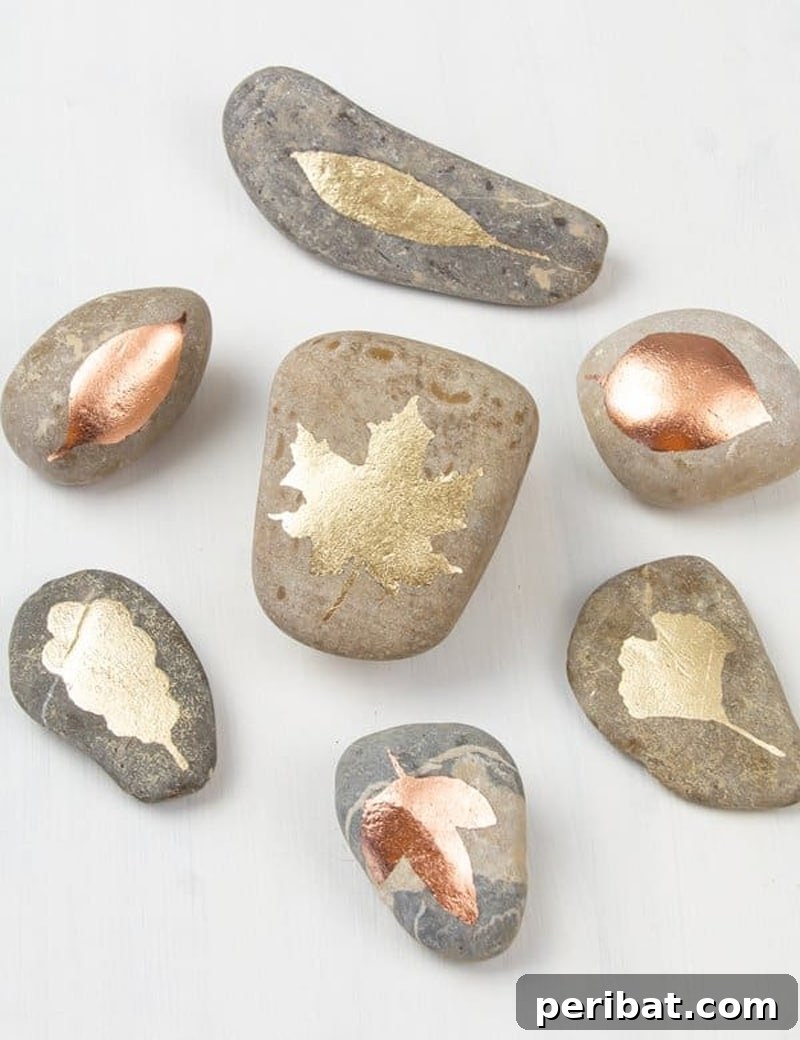 Creative Painted Rocks: Ideas, Projects, and Starter Kits 13 Elegant gold leaf painted rocks, some with abstract designs