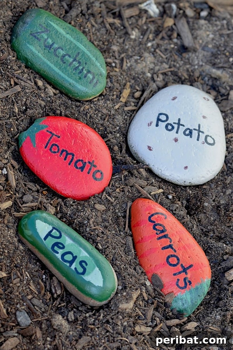Creative Painted Rocks: Ideas, Projects, and Starter Kits 16 Stones with names and pictures of vegetables painted on them as garden markers