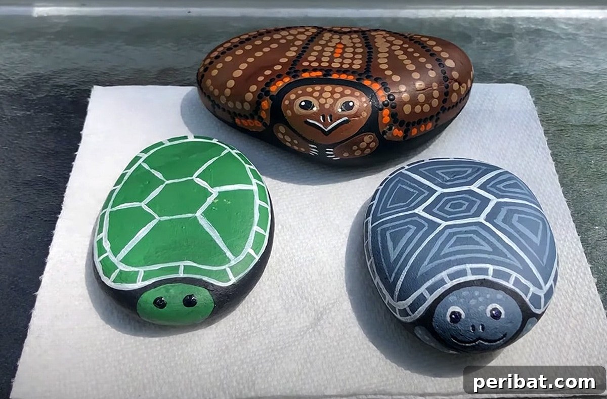 Creative Painted Rocks: Ideas, Projects, and Starter Kits 19 Small, smooth rocks painted to resemble adorable turtles