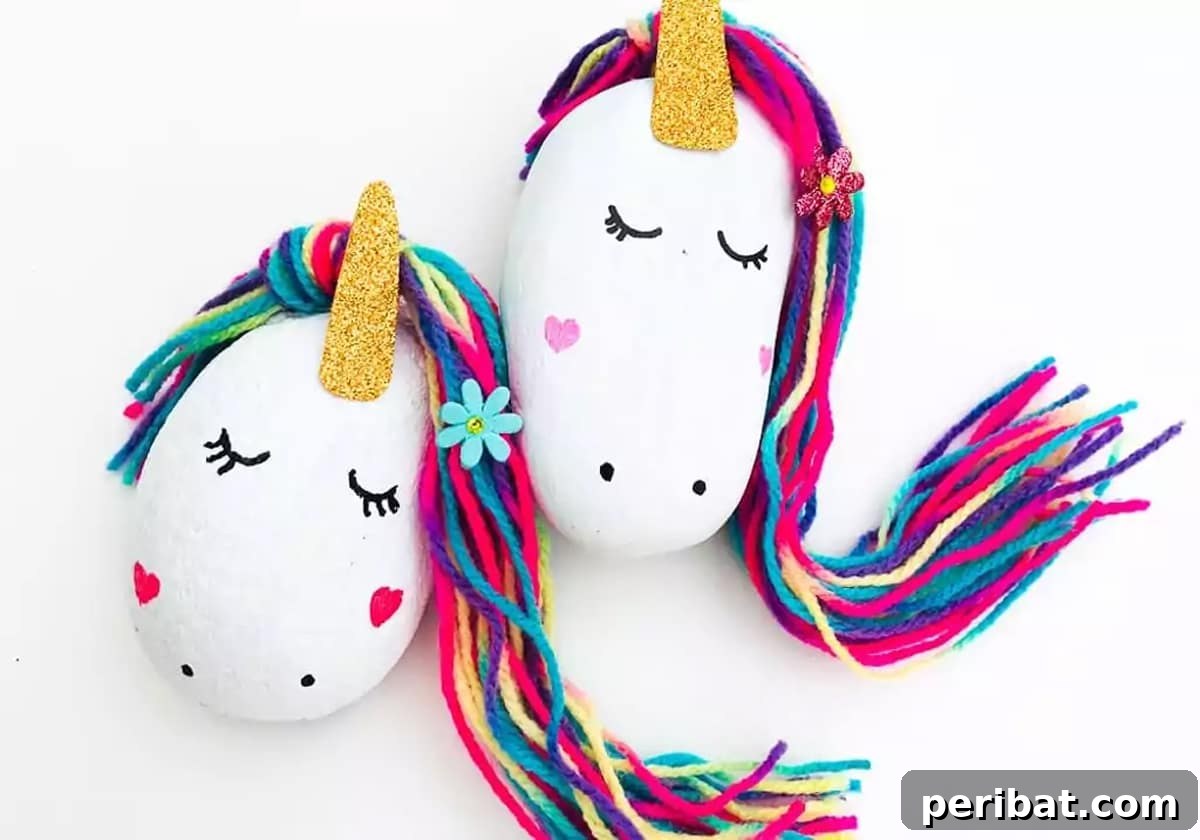Creative Painted Rocks: Ideas, Projects, and Starter Kits 37 Whimsical magical unicorn stones with horns and colorful manes
