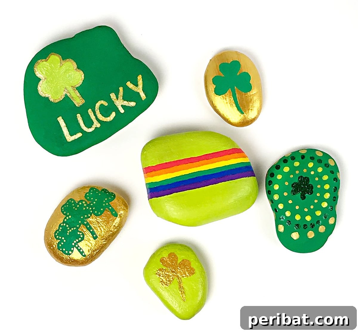 Creative Painted Rocks: Ideas, Projects, and Starter Kits 39 Green shamrock-painted rocks for St. Patrick's Day