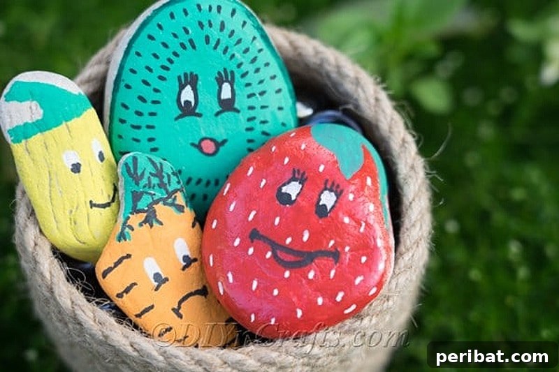 Creative Painted Rocks: Ideas, Projects, and Starter Kits 5 A basket of rocks painted with various fruit shapes