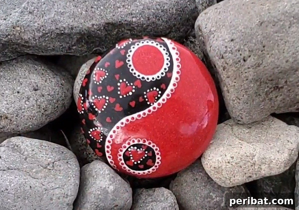 Creative Painted Rocks: Ideas, Projects, and Starter Kits 43 A pair of painted rocks forming a Valentine Yin Yang design