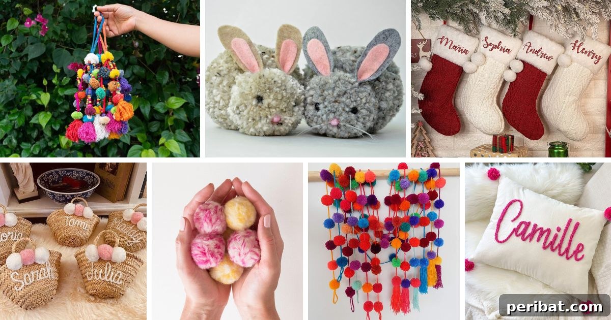 A vibrant collection of finished DIY pom poms in various colors and sizes, showcasing their decorative potential.