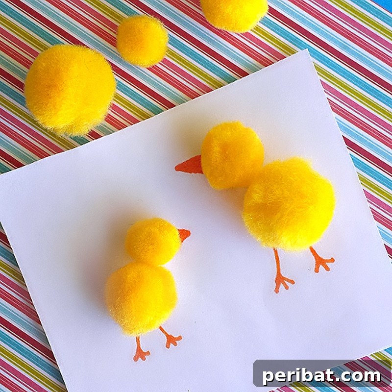 Children's easy craft project featuring cute chick figures made from yellow pom poms with added eyes and beaks.