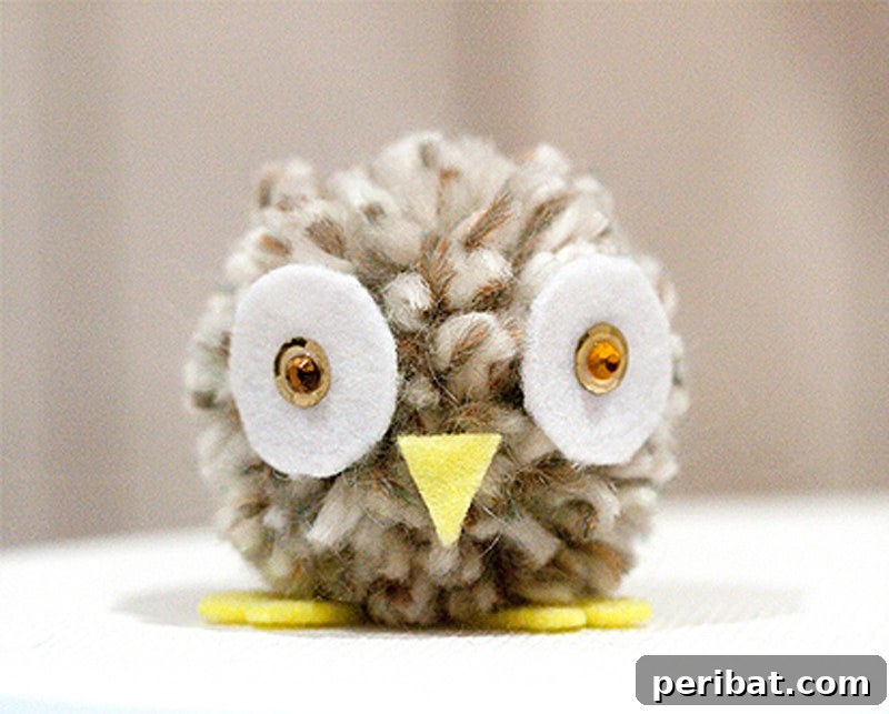 Adorable handmade pom pom owls with felt features and googly eyes, sitting on a branch.
