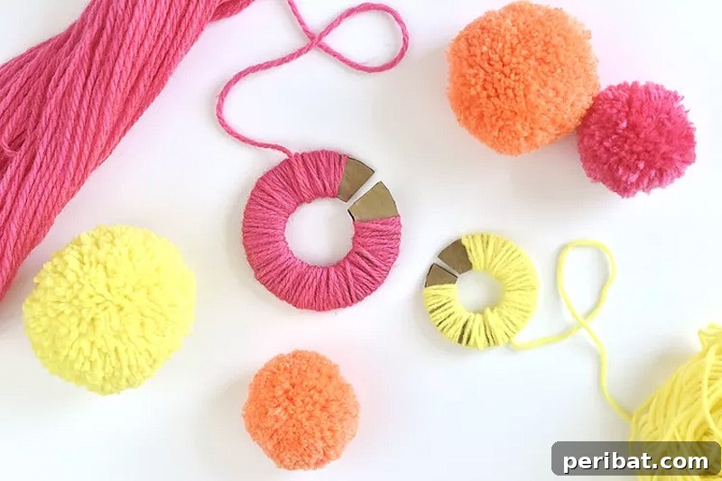 A clear demonstration of making adorable pom poms from yarn and cardboard, showing various stages.