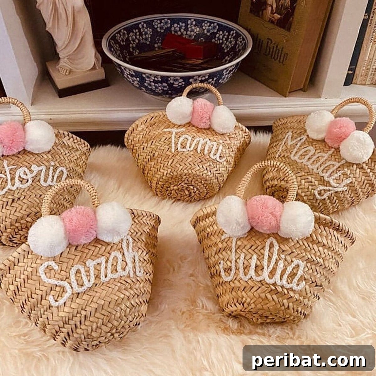 A stylish straw purse embellished with an array of vibrant, multicolored pom poms, suitable for summer fashion.
