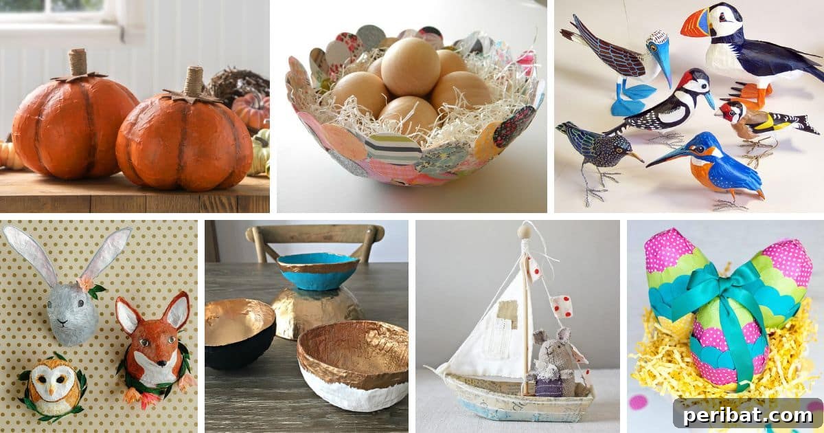 Diverse collection of handmade paper mache crafts displayed together, showcasing the versatility of paper mache art