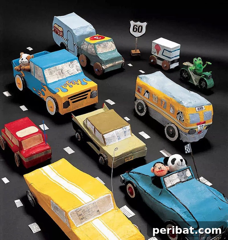 Imaginative paper mache cars, buses, and rocket ships for kids' play