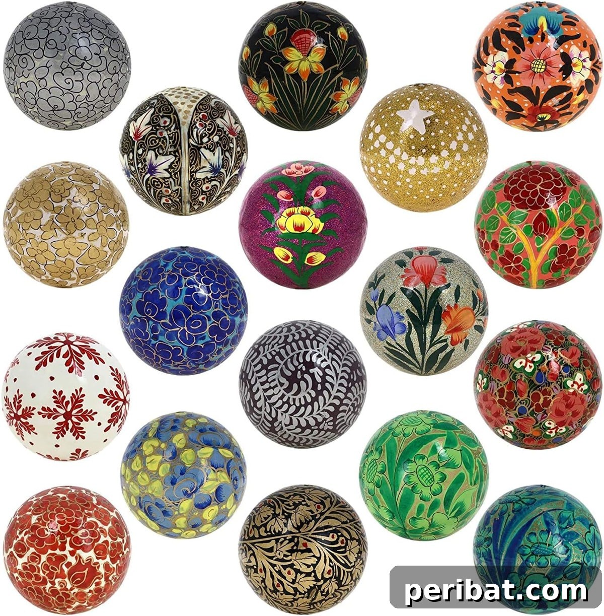 Intricate handmade Christmas ornaments crafted from paper mache, with colorful designs