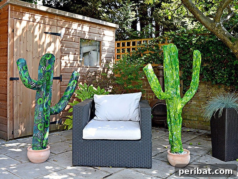 Eye-catching giant paper mache cactus standing as unique home decor