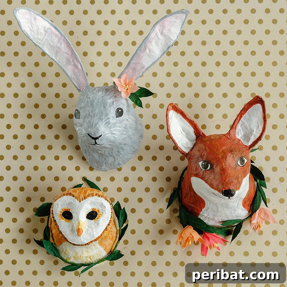 Stunning paper mache animal heads mounted on a wall, adding rustic charm